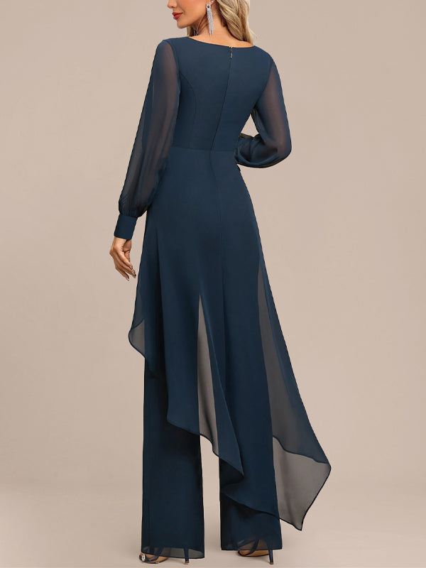 Round Neck Solid Color Long Sleeve Mesh Jumpsuit