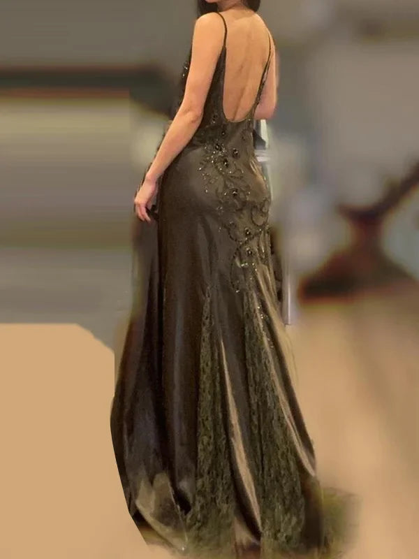 Green Vintage Fashion Gorgeous Pretty Charming Elegant Delicate Floral Beaded lace Spaghetti Straps Long Satin Ball Gown Evening Gown Party Dress Prom Gown gh3825