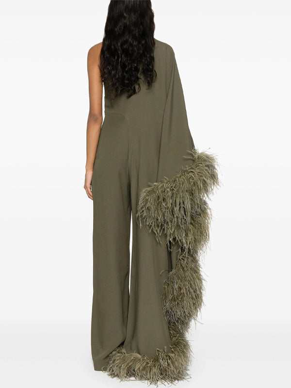 One-shoulder Solid Color Feather Jumpsuit