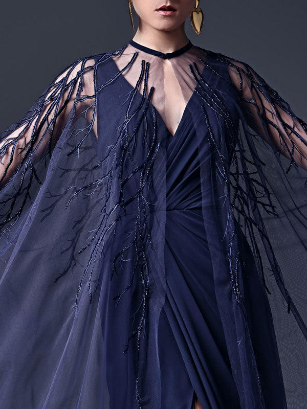 Two Piece Embroidered Cape & Open Slit Draped Dress