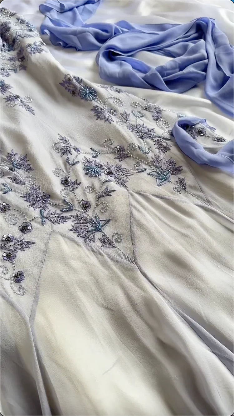 Purple fashion elegant exquisite beaded spaghetti strap A-line long chiffon ball gown evening dress party dress gh2919