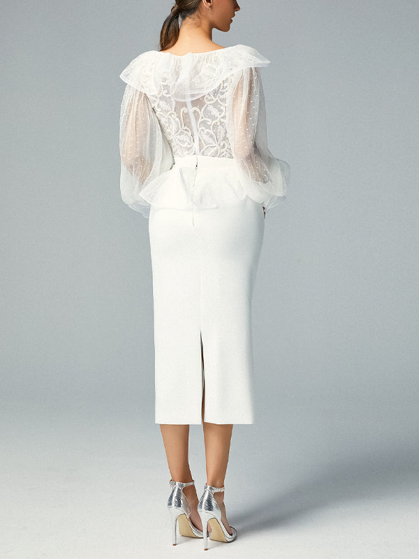 V-Neck Long-Sleeved Solid Color Top And Skirt Suit