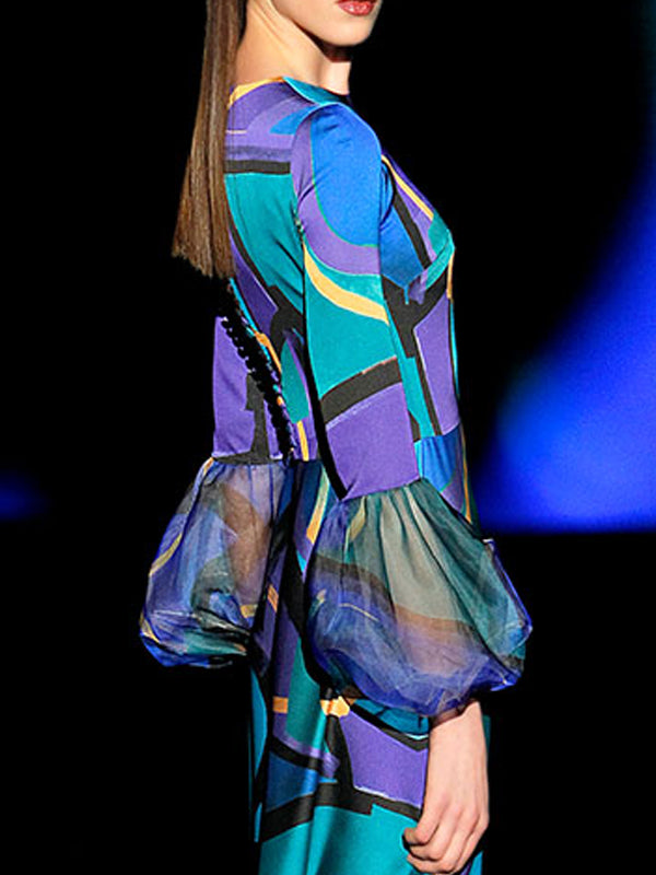 Puff Sleeves Temperament Color Matching Catwalk Women's Dress