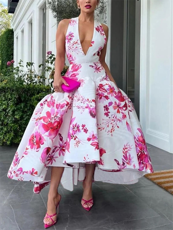 Elegant Floral V Neck Maxi Party Dress