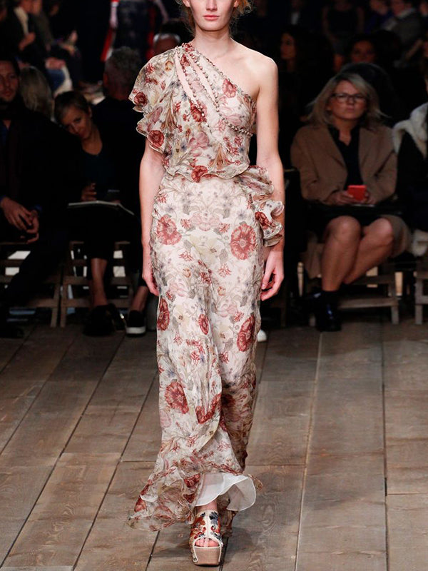 Retro One-shoulder Sleeveless Print Maxi Dress