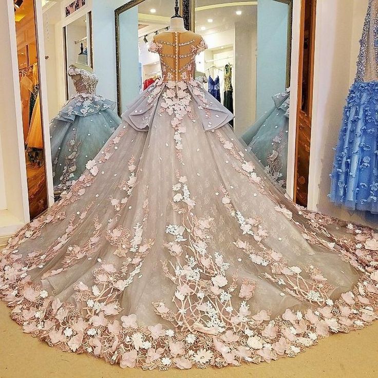 Light pink gorgeous delicate floral applique long tulle floor length train ball gown evening dress gh3324