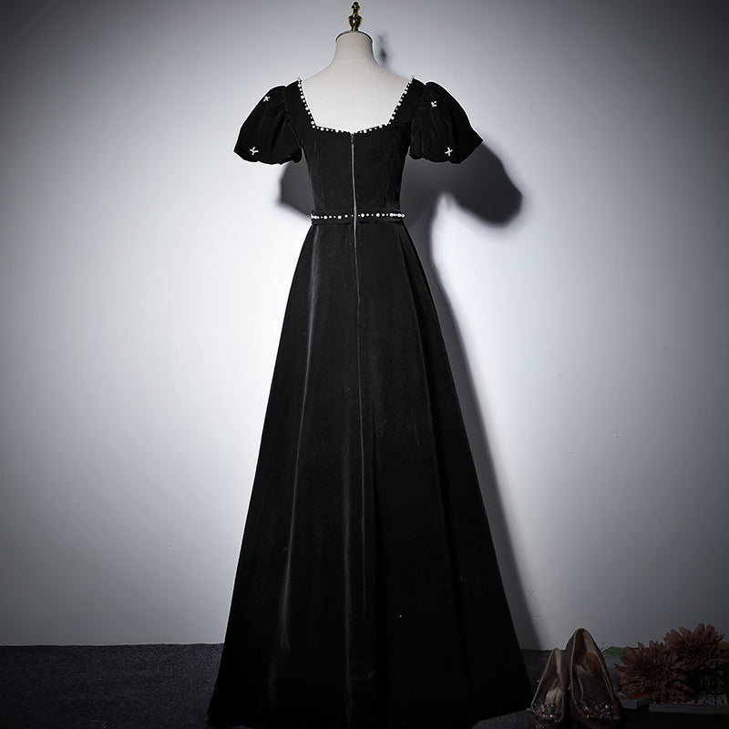 evening dress spring black puff sleeve long birthday dress prom dress fg132