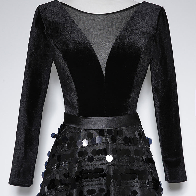 Black evening dress long sleeve birthday party dress prom dress fg134