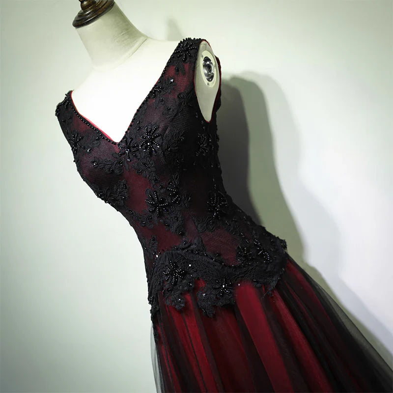 Gorgeous Black And Red V-Neckline Tulle Beaded Prom Dress, Long Evening Gown    fg1880