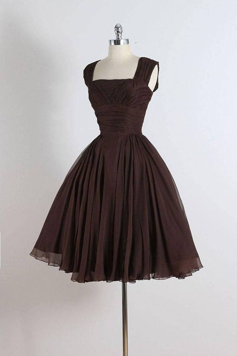 UNIQUE CHIFFON RETRO SHORT DARK BROWN PROM DRESS, SHORT COCKTAIL DRESS HOMECOMING DRESS fg241