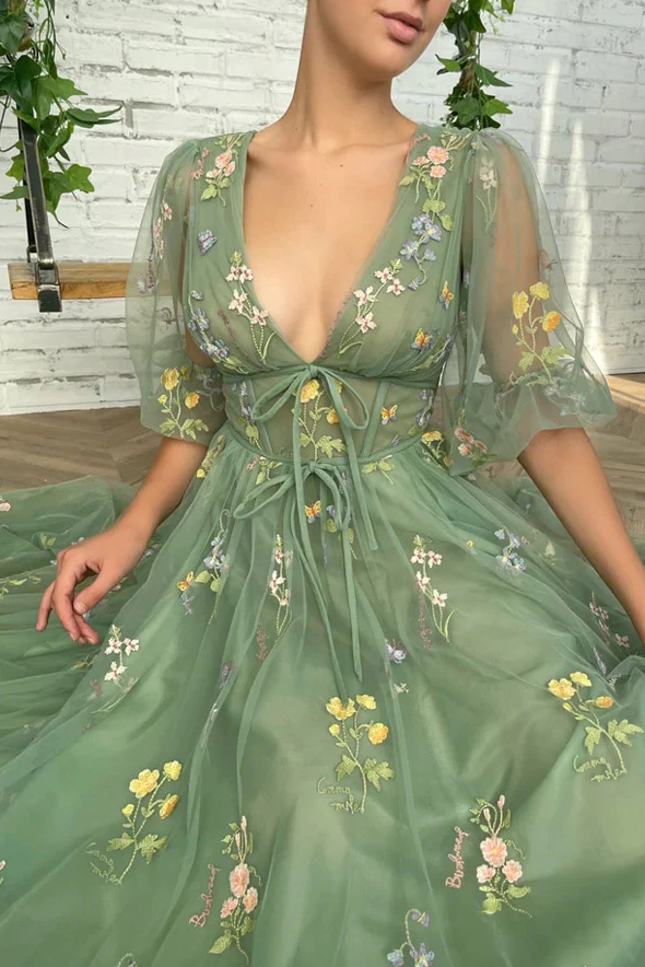 Elegant V Neck Green Tea Length Prom Dresses fg275