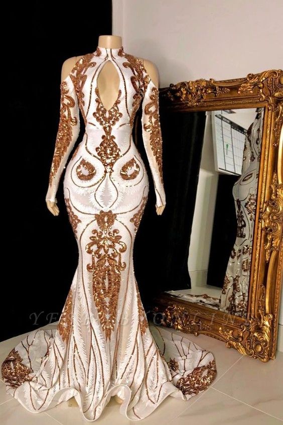 White and Gold High Neck Keyhole Long Sleeves Mermaid Prom Dresses fg306
