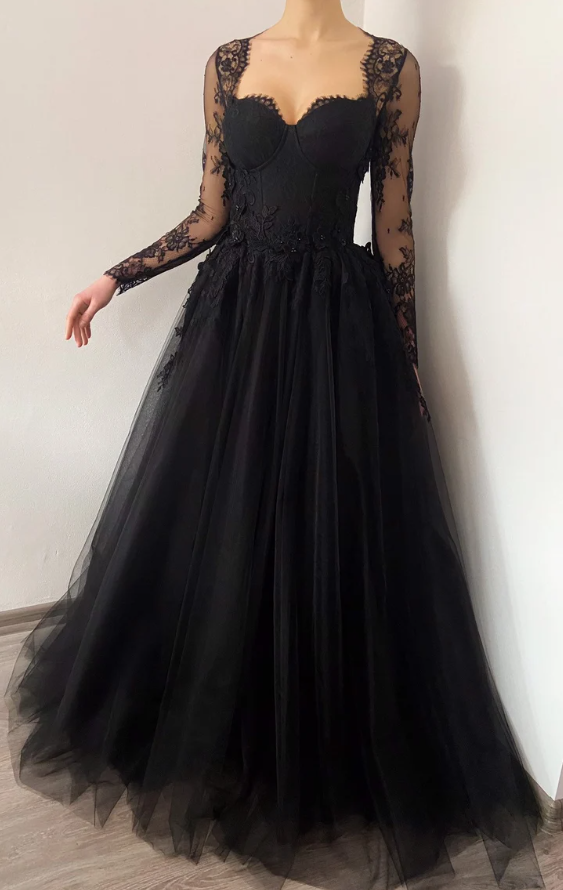 Black wedding dress 3D lace floral tulle dress, Prom Dresses,Formal Evening Dresses fg371