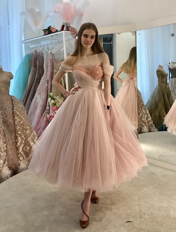 Tulle Pink Prom Dress Tea Length Prom Dress fg398