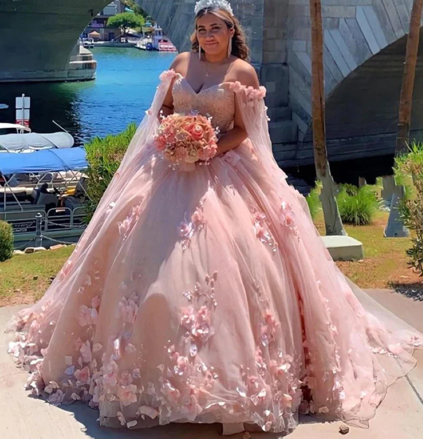 Tulle Long Pink Prom Dresses Sweetheart Handmade Flowers Tulle Quinceanera Dresses with Flutter Sleeves Sweet 16 Prom Gowns fg485