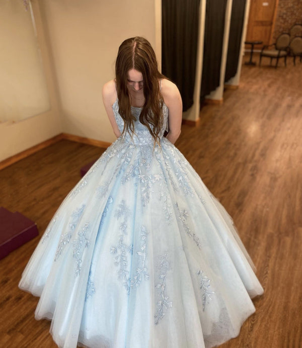 Blue lace long A line blue prom dress blue evening dress fg492