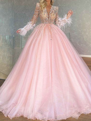 Elegant Deep V-Neck Shiny See-Through Feathers A-Line Evening Maxi Dress Pink Prom Dress fg512