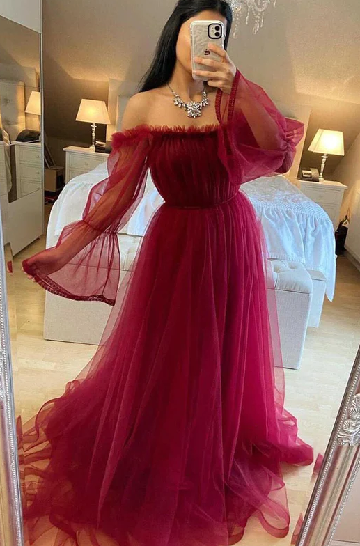 Prom Dress Off Shoulder Long Sleeves Tulle Burgundy Formal Evening Dress fg533