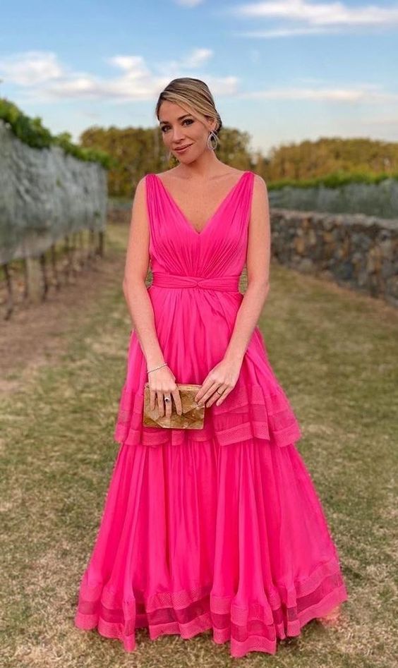 Pink Prom Dress, A-Line Prom Gown, Chiffon Evening Dress, V-Neck Prom Gown fg546