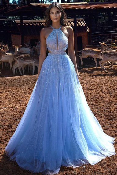 BLUE HALTER BEADINGS LONG PROM DRESS TULLE EVENING PARTY GOWNS fg606