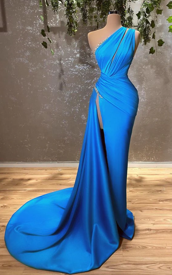 Sexy Blue One Shoulder Split Mermaid Prom Dress With Beads fg641
