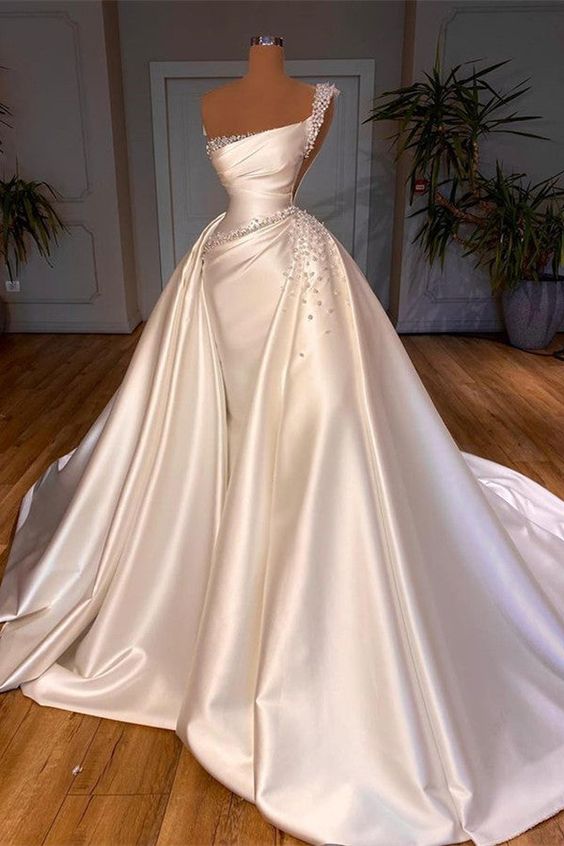 Glamorous One Shoulder Pearl Wedding Dress Overskirt Bridal Gowns fg712