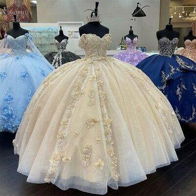 Champagne Beaded Puffy Ball Gown Quinceanera Dresses Off The Shoulder Pageant fg715