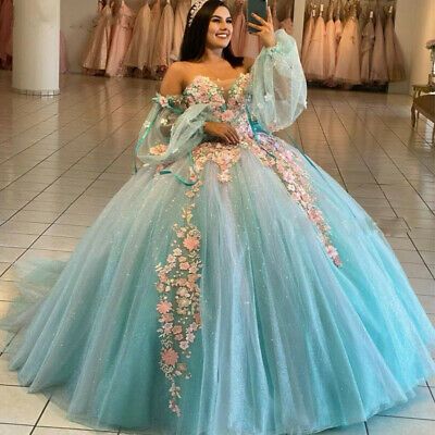 Blue Ball Gown Quinceanera Dresses Off Shoulder Long Sleeve Corset Sweep Train fg716