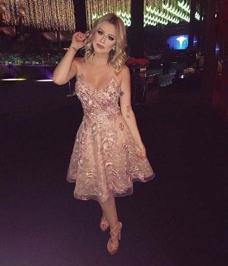 Spaghetti Straps V Neck Lace Short Homecoming Dress fg74