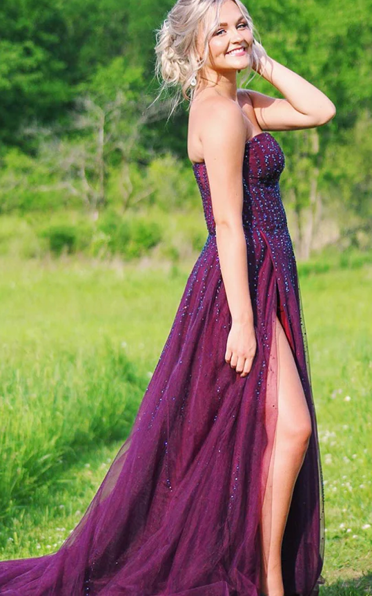 A Line Tulle Grape Beaded Sweetheart Long Side Slit Prom Dresses fg761