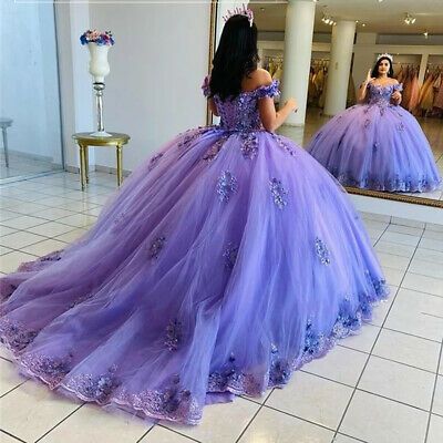 Purple Quinceanera Dresses Off The Shoulder Ball Gown 3D Floral Sweet 16 Dresses fg895