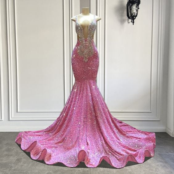 Pink prom dresses, deep v neck prom dresses, sparkly prom dresses fg913