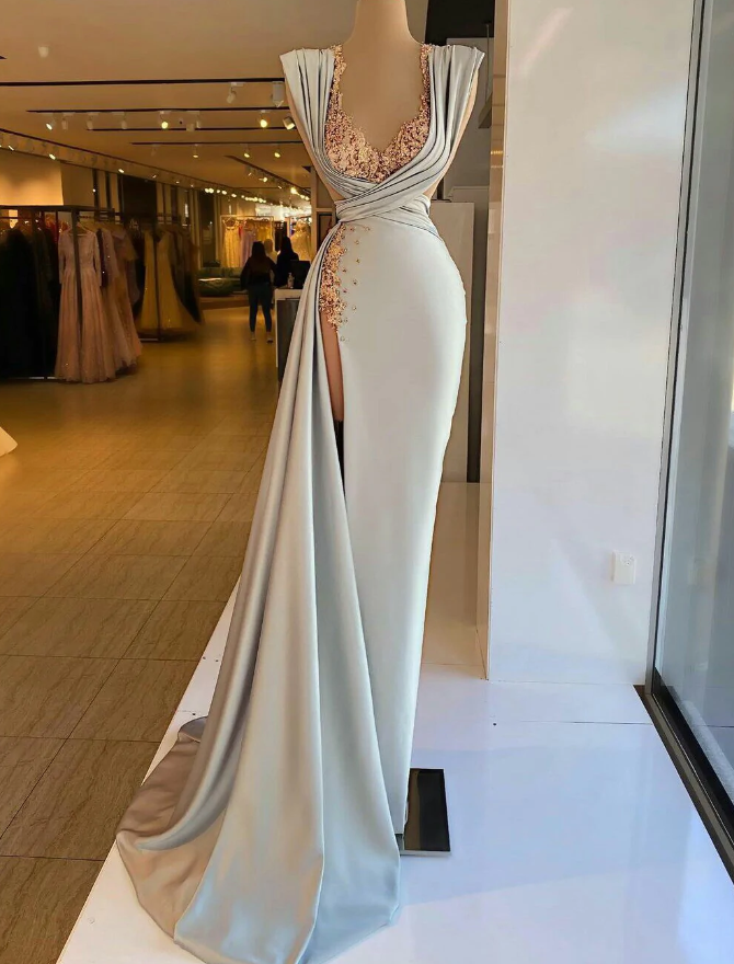 Light Green Deep V Neck Mermaid Evening Gowns High Side Split Prom Dresses fg978