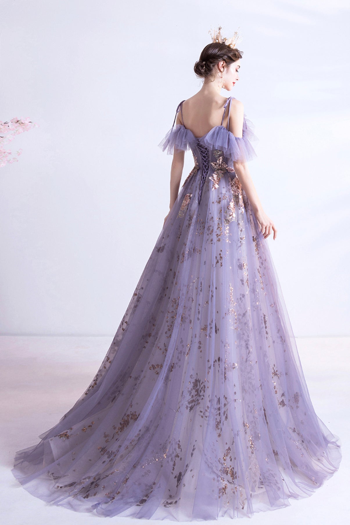 Purple tulle sequins long A line prom dress evening dress 8750