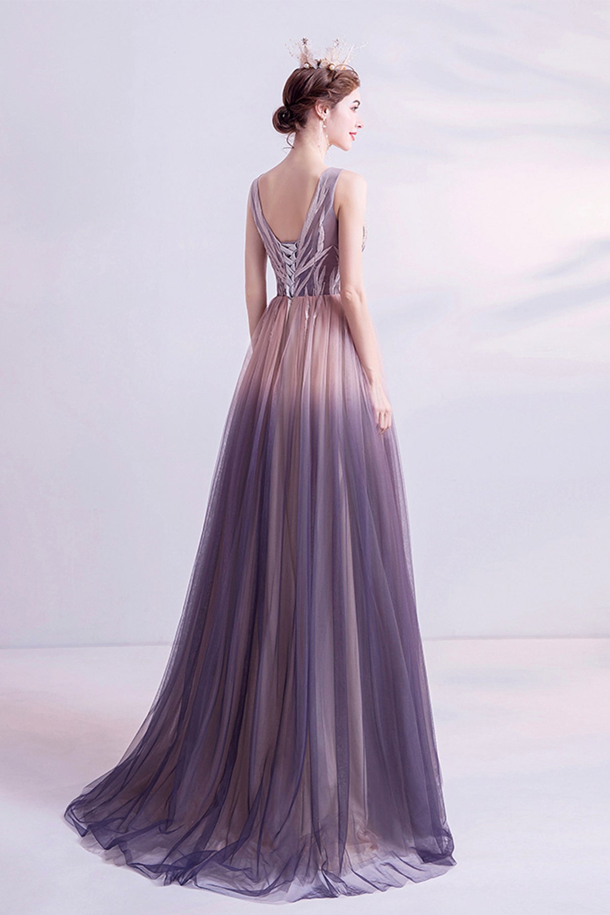 Purple gradient tulle long A line prom dress evening dress 8749