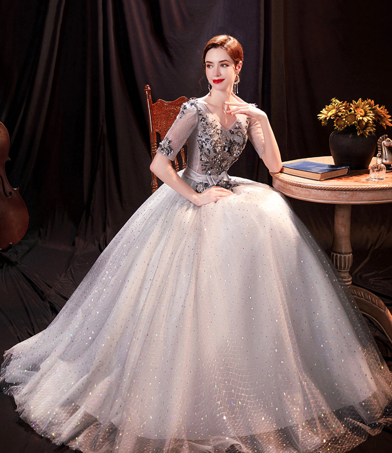 Gray tulle sequins long prom dress A line evening dress  8996