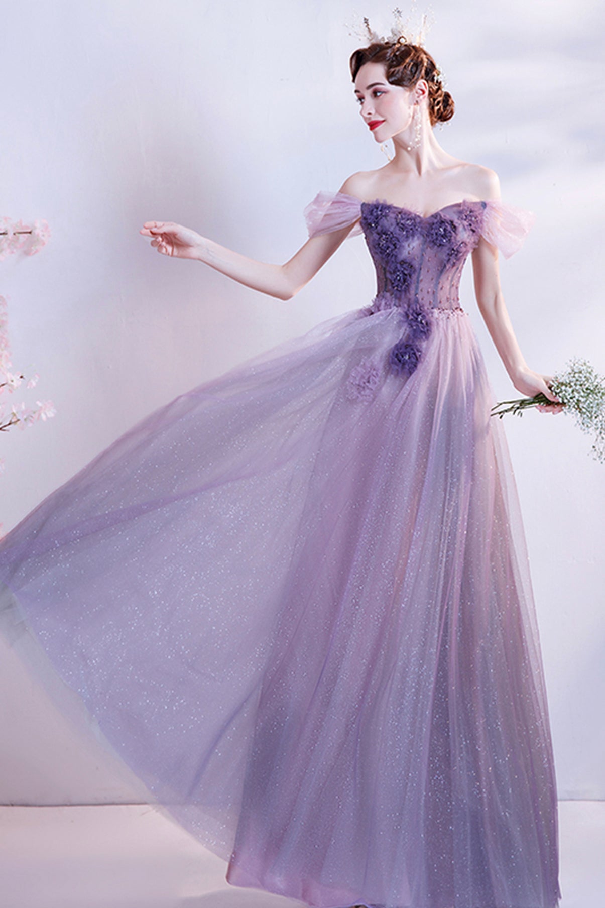 Purple tulle long A line prom dress evening dress 8740
