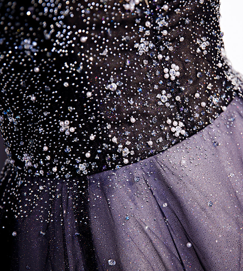 Purple v neck tulle beads long prom dress evening dress 8556