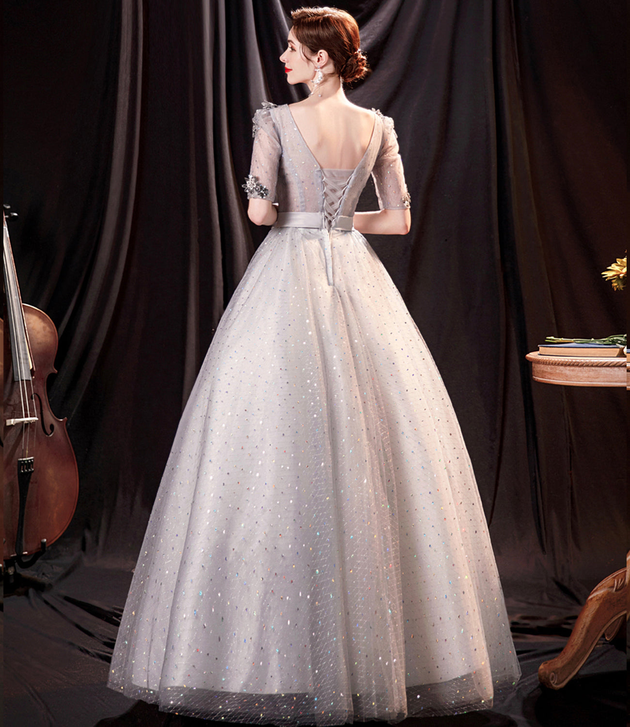 Gray tulle sequins long prom dress A line evening dress  8996