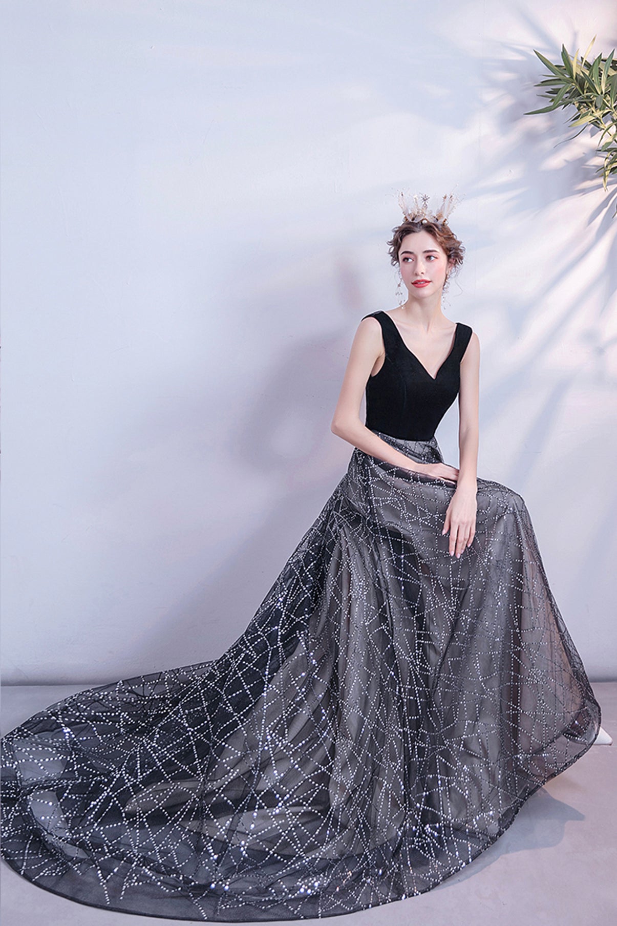 Black tulle sequins long A line prom dress evening dress 8731