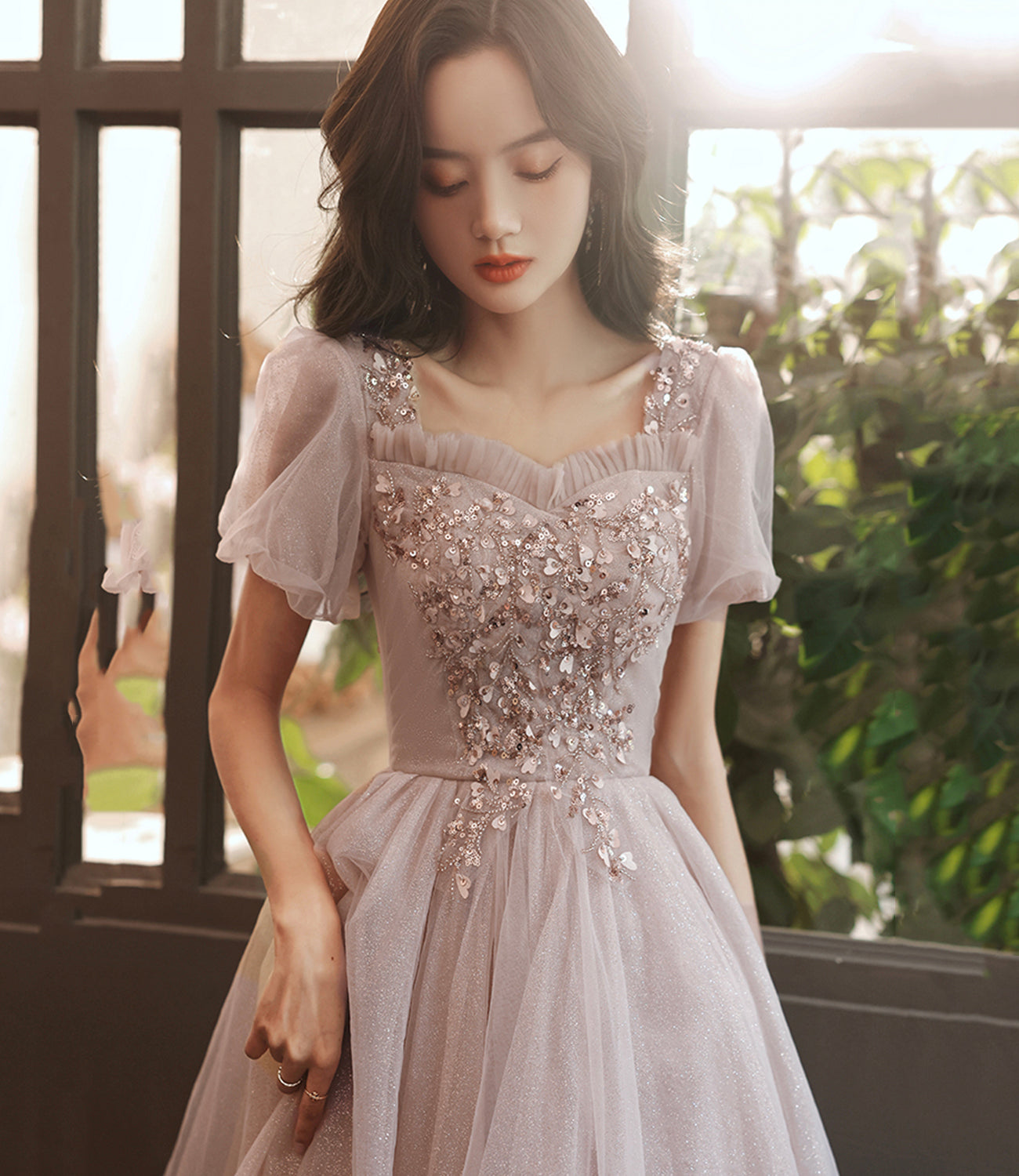Champagne tulle sequins short prom dress homecoming dress 8988