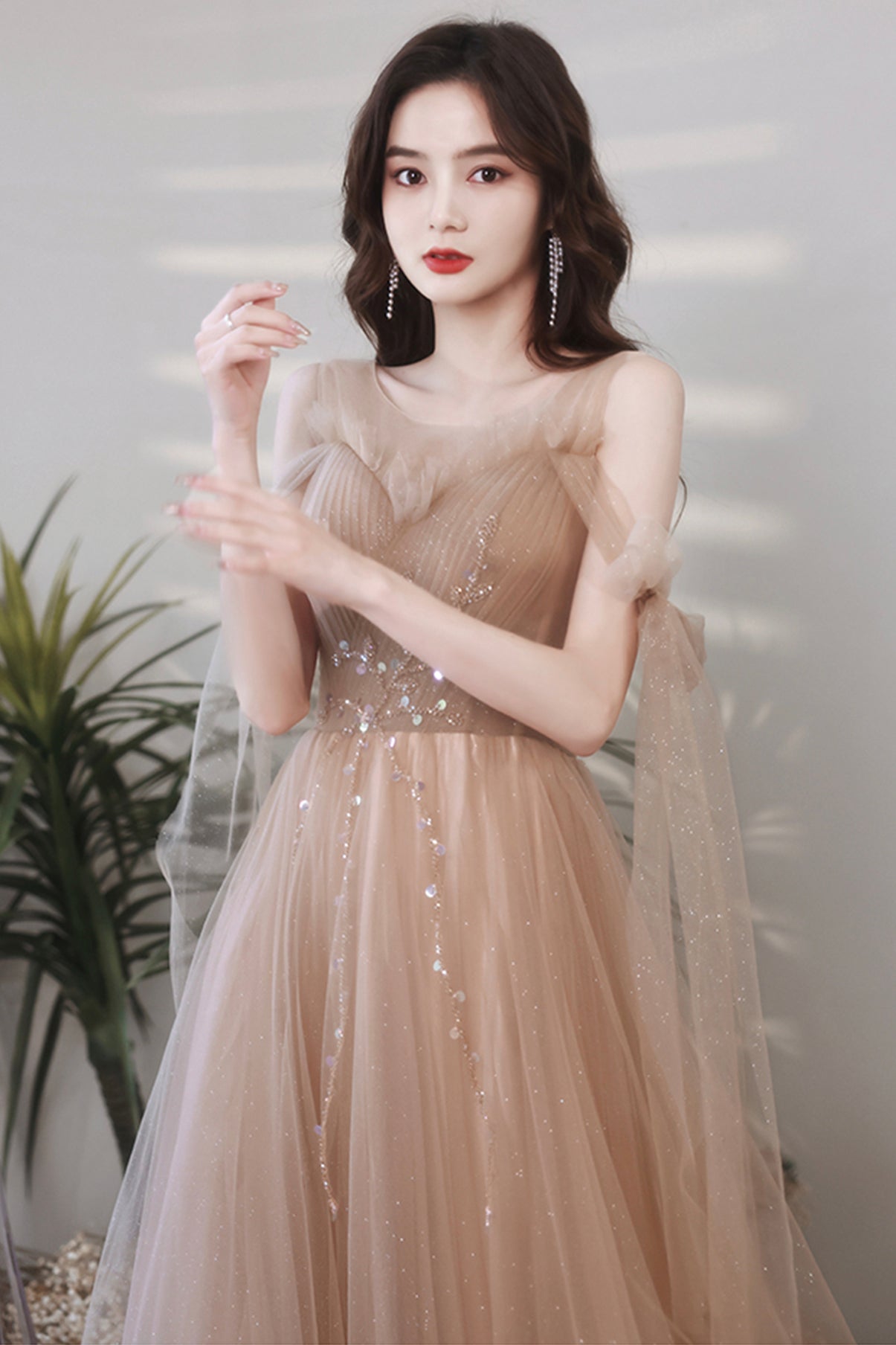 Cute tulle sequins long A line prom dress evening dress  8705