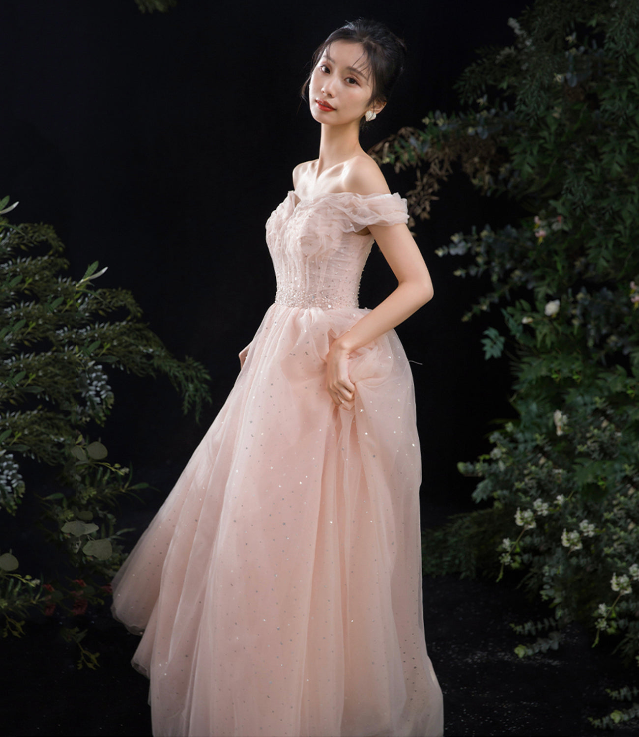 Pink tulle long A line prom dress pink evening dress 8844
