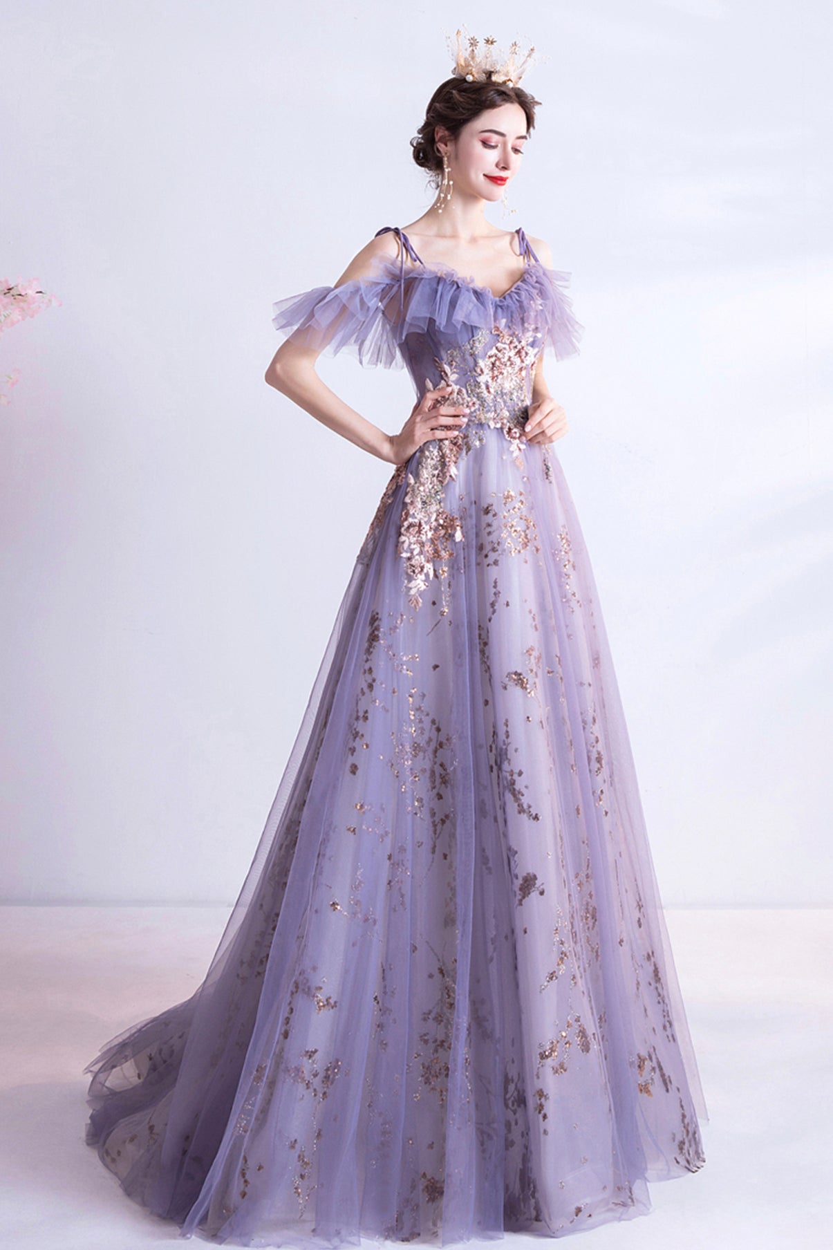 Purple tulle sequins long A line prom dress evening dress 8750