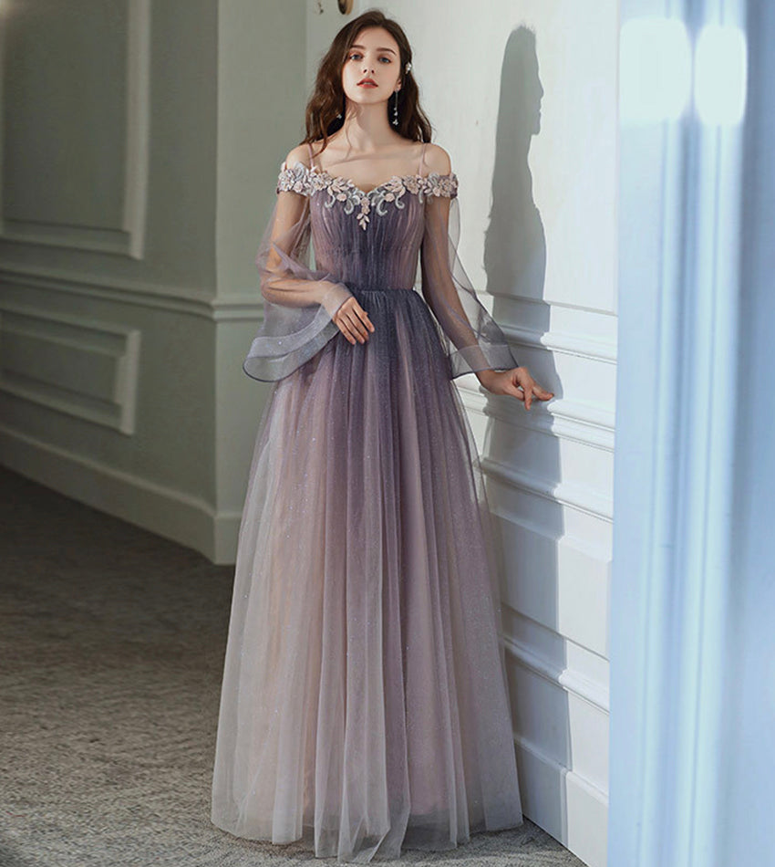 Purple tulle lace long prom dress purple evening dress 8538