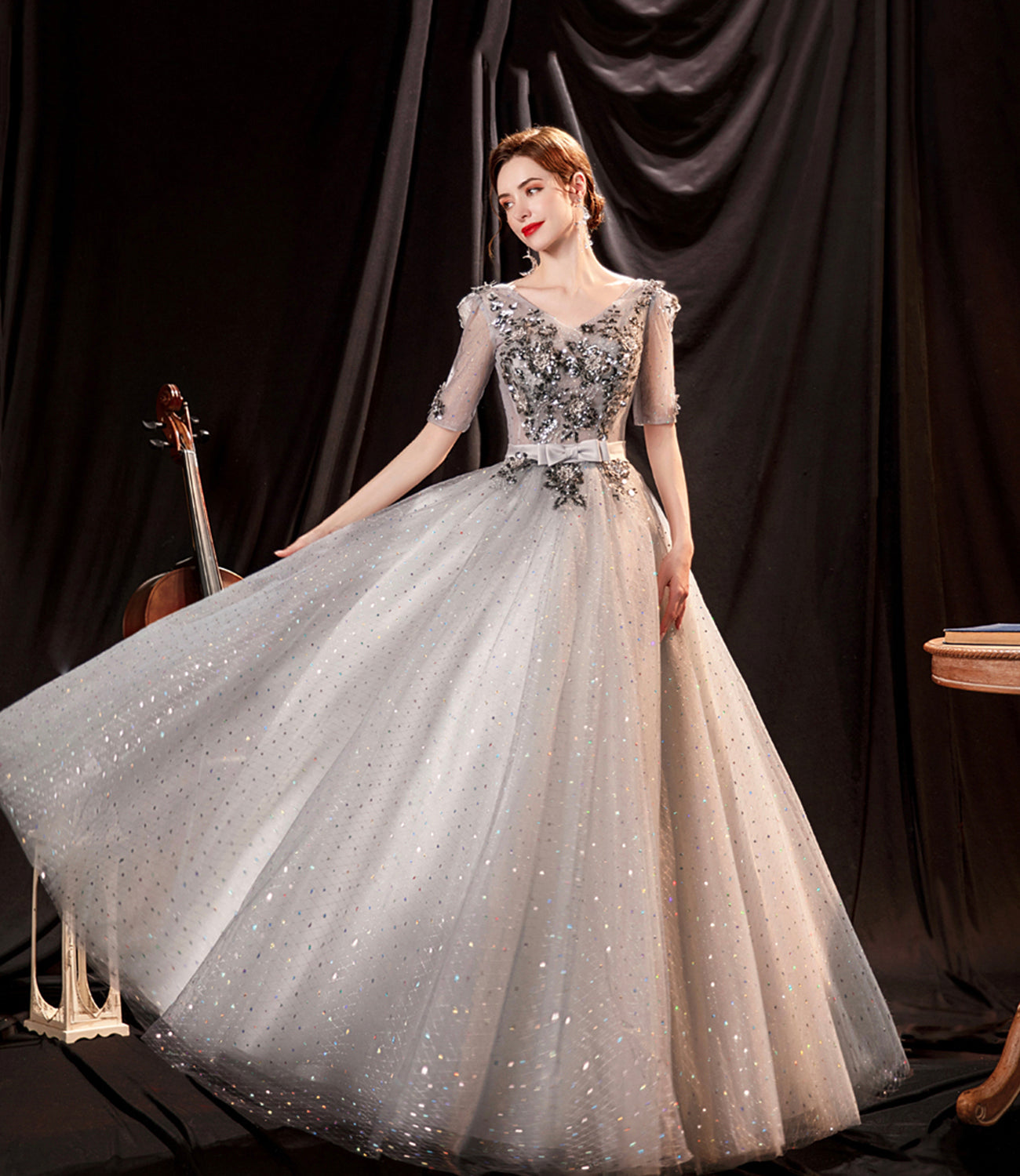 Gray tulle sequins long prom dress A line evening dress  8996