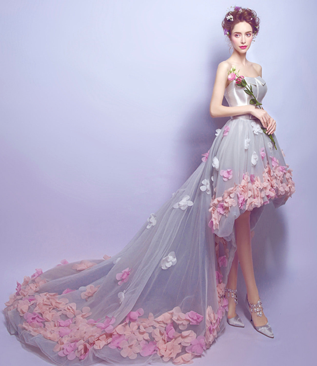 Cute tulle high low prom dress white evening dress 8899