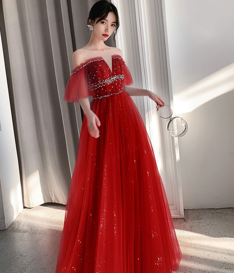 A line tulle sequins long prom dress 8341