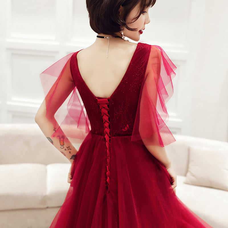 Burgundy v neck tulle lace long prom dress, evening dress 8029