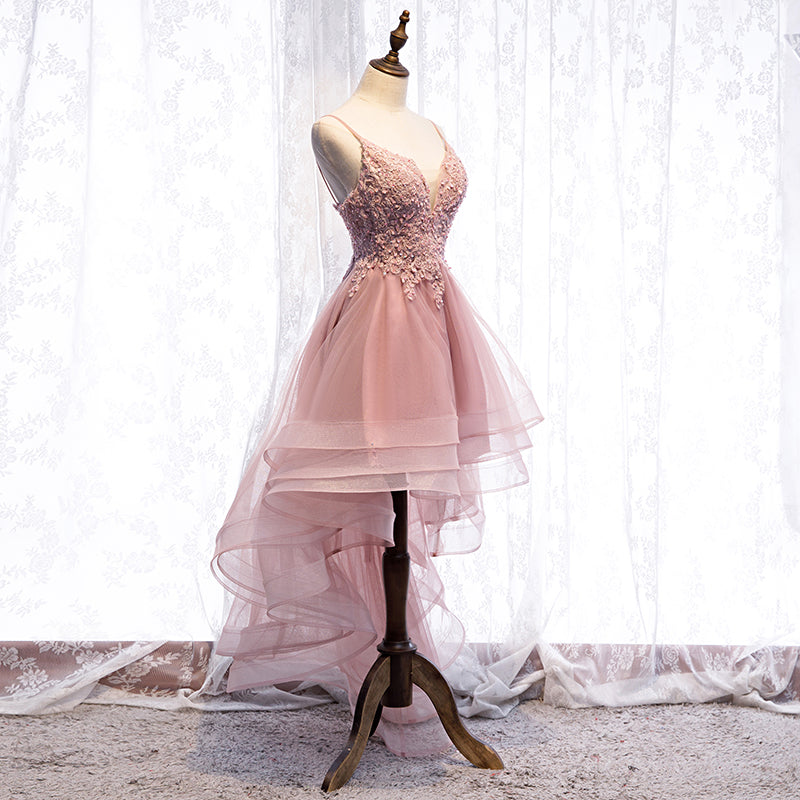 Cute v neck lace short prom dress high low evening dress 8315